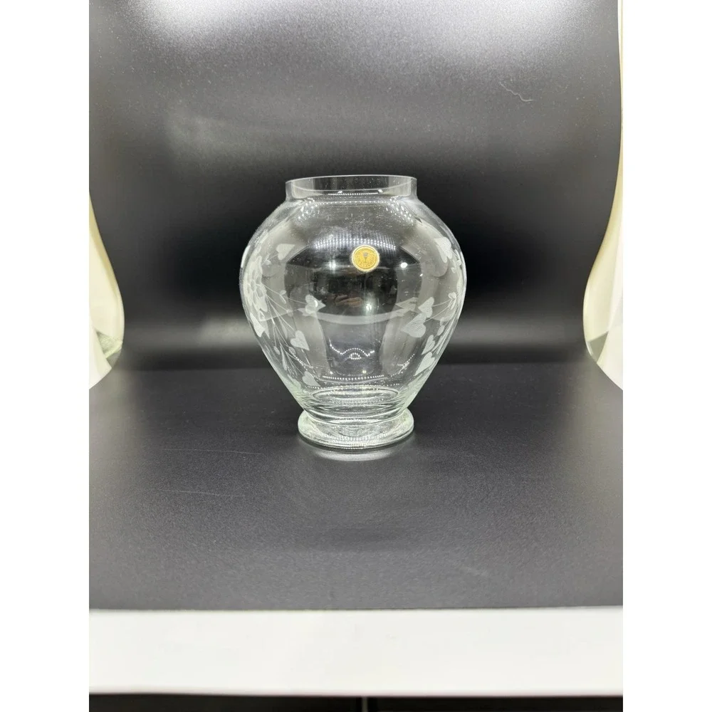 Vintage Romanian Etched Glass Vase Clear